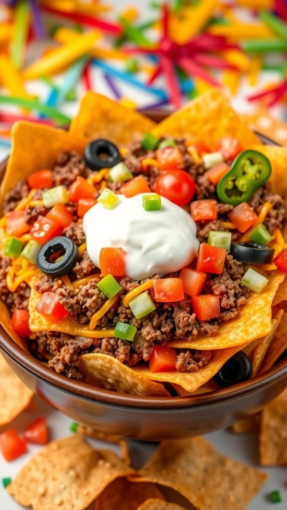Loaded Nacho Chips Bowl Recipe A loaded nacho chips bowl with cheese, beef, tomatoes, olives, and sour cream on a festive table.